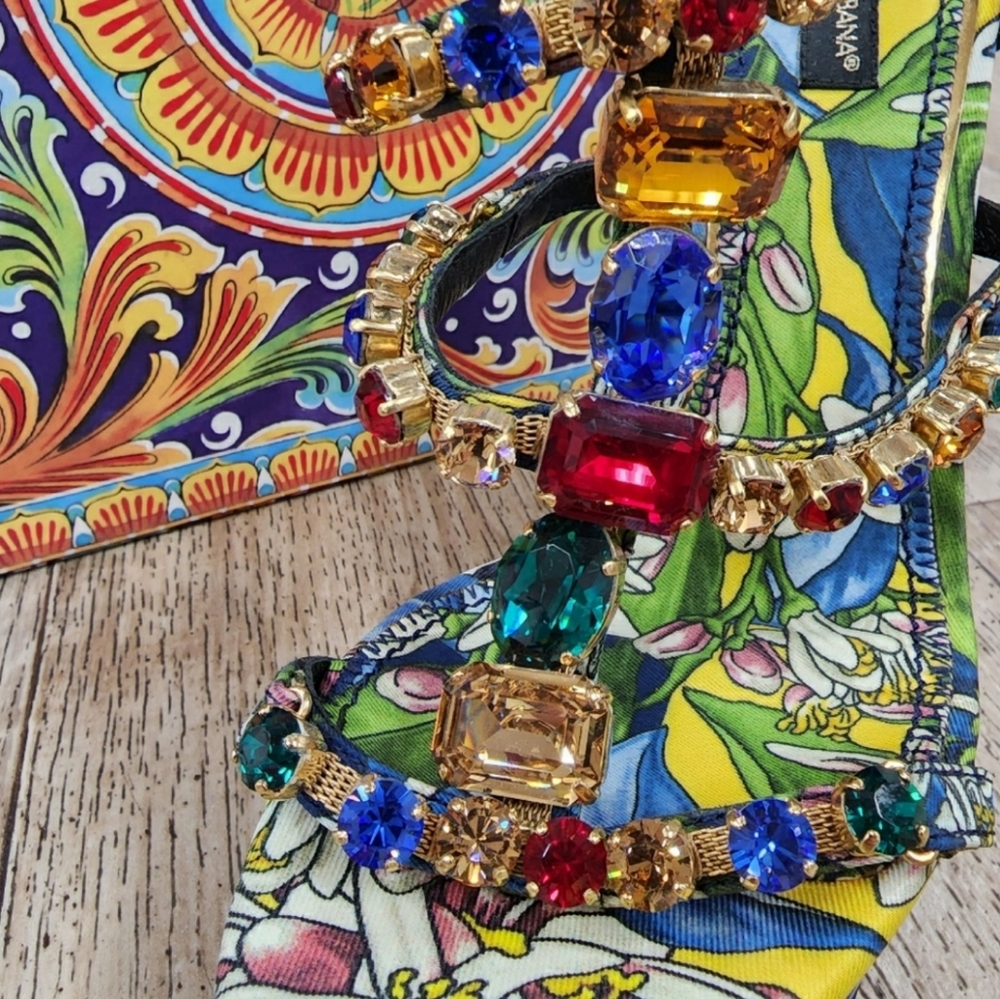 Dolce & Gabbana Multicolor Rhinestone Blue Floral Platform Wedge Sandal 6 1/2 - Picture 2 of 11